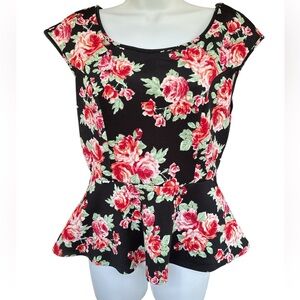 Stretch High-Low Floral Rose Roses Black Peplum Top - L XL